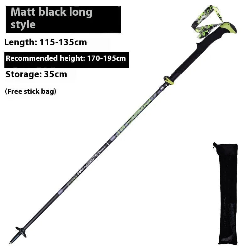 Carbon fibre folding climbing cane with tungsten steel tip shown in extended and collapsed positions