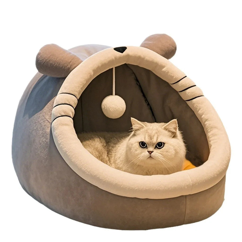 Light gray Totoro semi-closed pet bed with upgrade thickening for small cats placed indoors