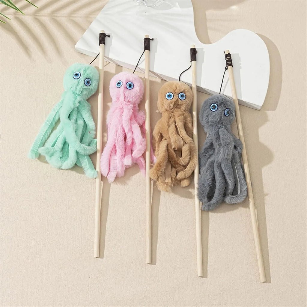 Furry octopus cat toy on 40cm wand for interactive indoor play with kittens