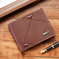 Men's thin black three-fold horizontal PU leather wallet with multiple card slots open.