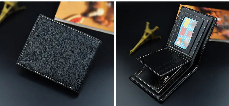 Men's short soft lychee pattern polyurethane leather wallet with multiple card slots and coin bag in black
