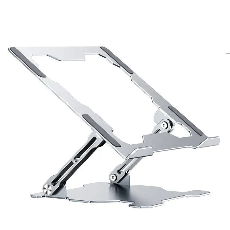 Grey aluminium adjustable and foldable laptop stand on a wooden desk.