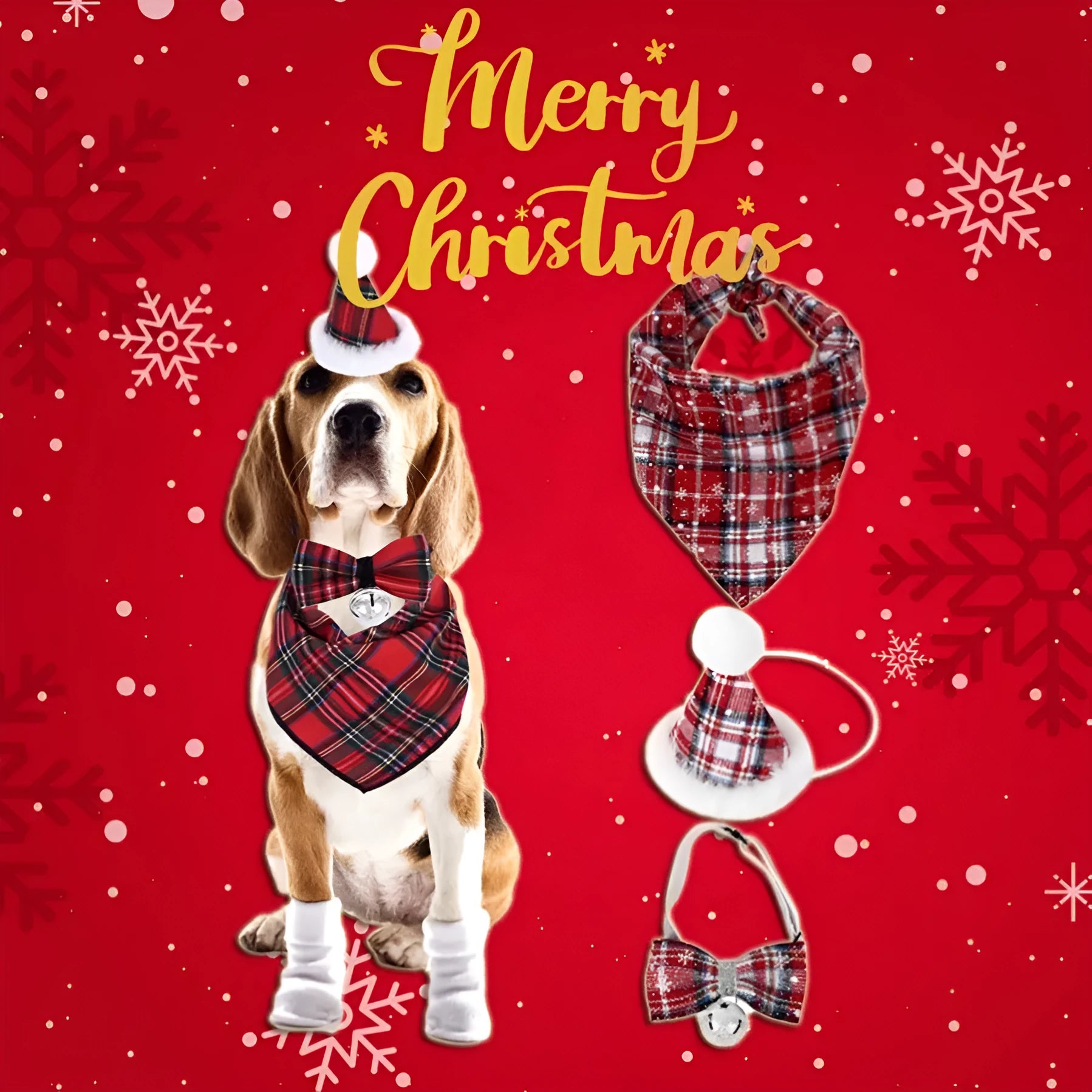 Red plaid triangle pet towel with tie-on bandana on a small dog, 60x45cm size, Christmas decoration