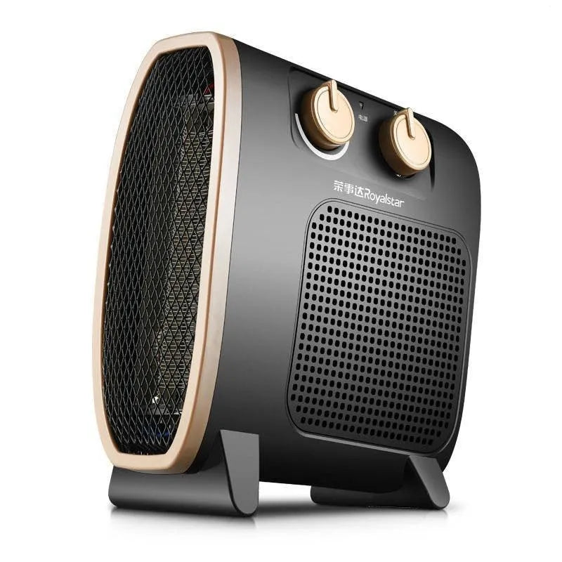 White electric fan heater with mechanical dial controls and grill.