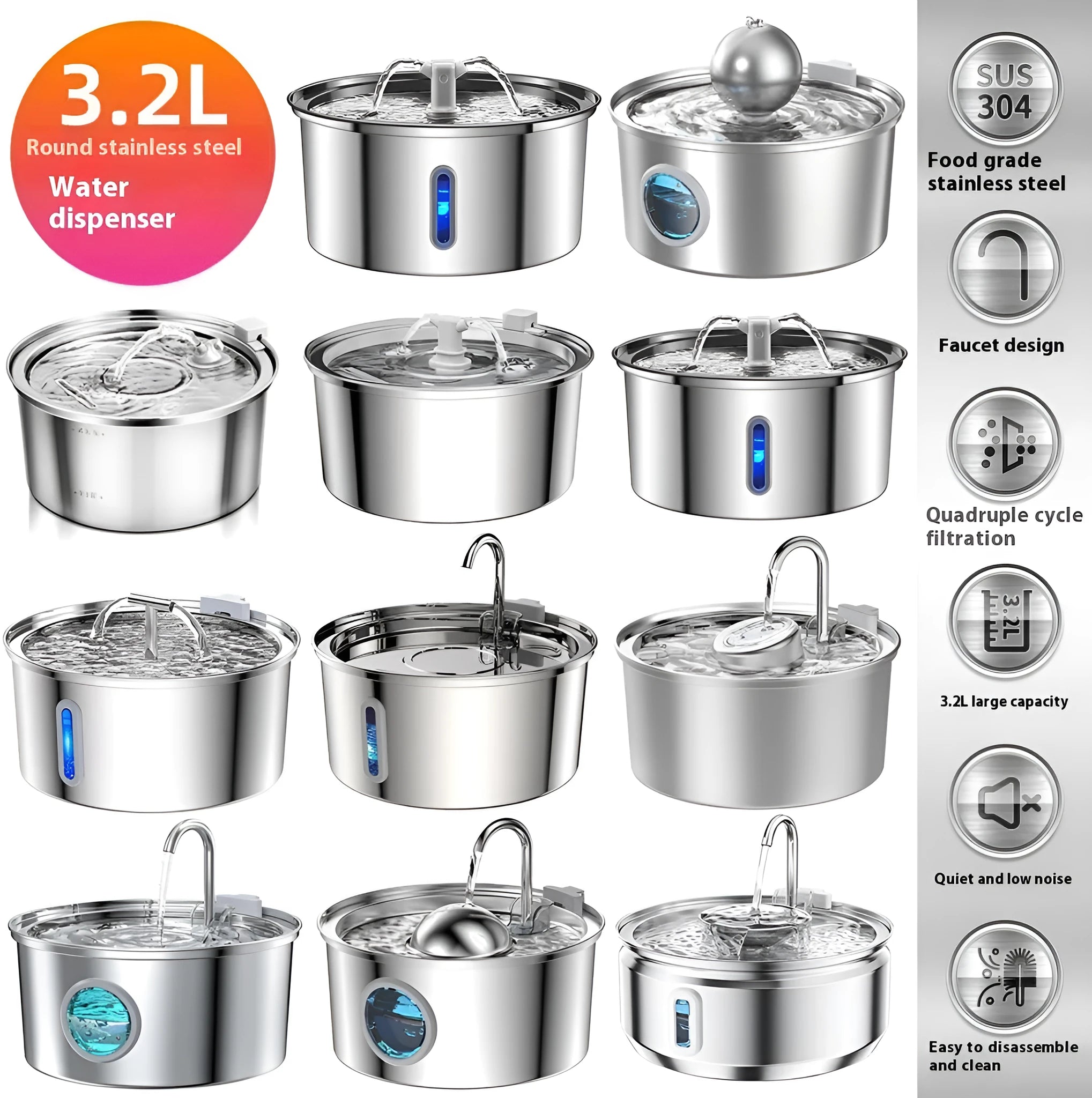 Stainless steel pet water dispenser with round basin and window faucet for dogs and cats.