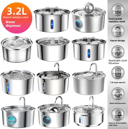 Stainless steel pet water dispenser with round basin and window faucet for dogs and cats.