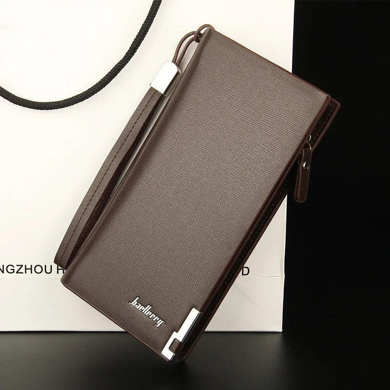 Men's black PU leather wallet with a long silver zipper closure shown open