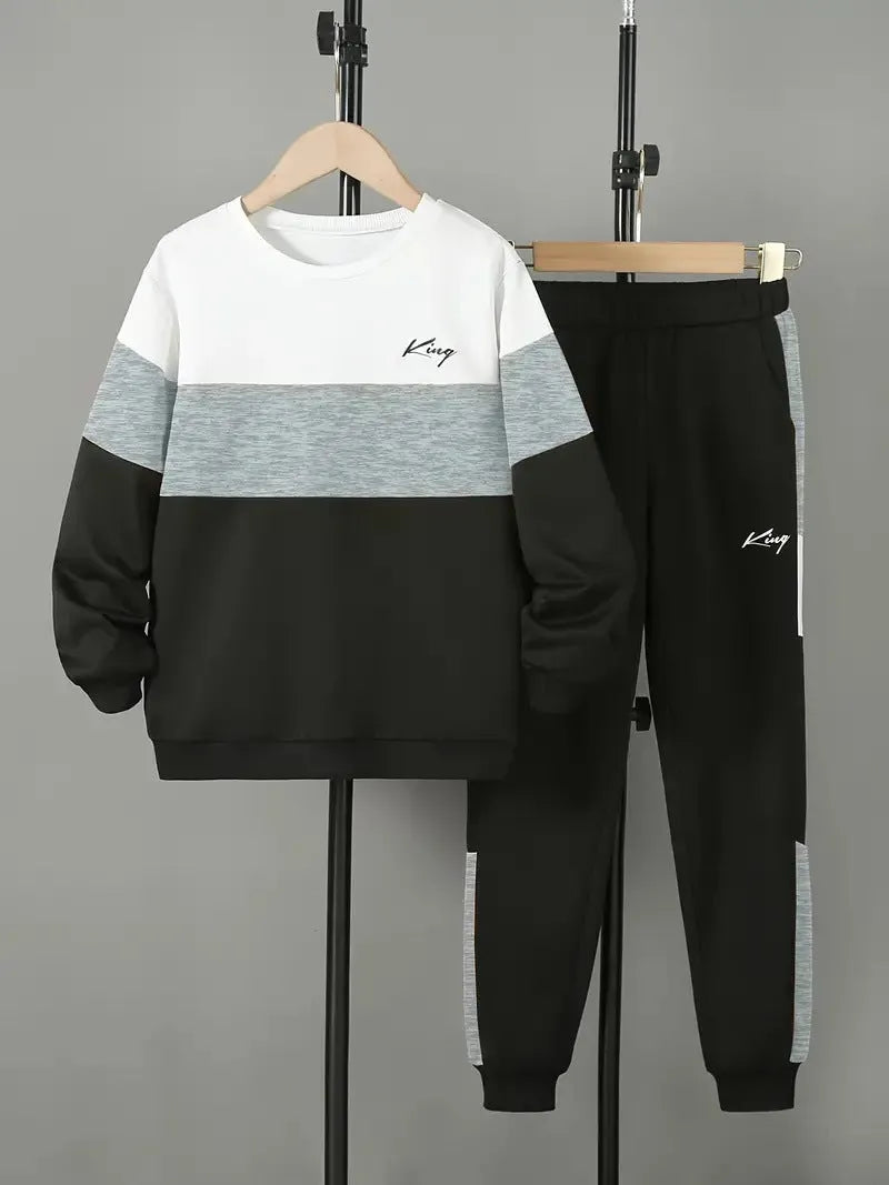 Design Sense boys cotton blend pullover hoodie and jogger trousers two-piece set in multicolour options