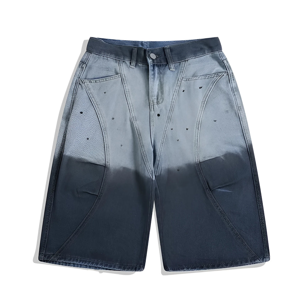 Blue tie-dye gradient cropped jeans with loose fit and worn wash on a mid-waist
