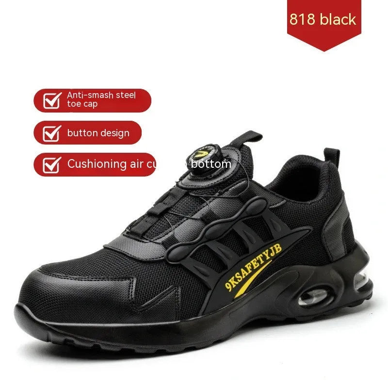 Men's black steel toe anti-puncture safety shoes with suede upper and rubber sole, front lace up closure