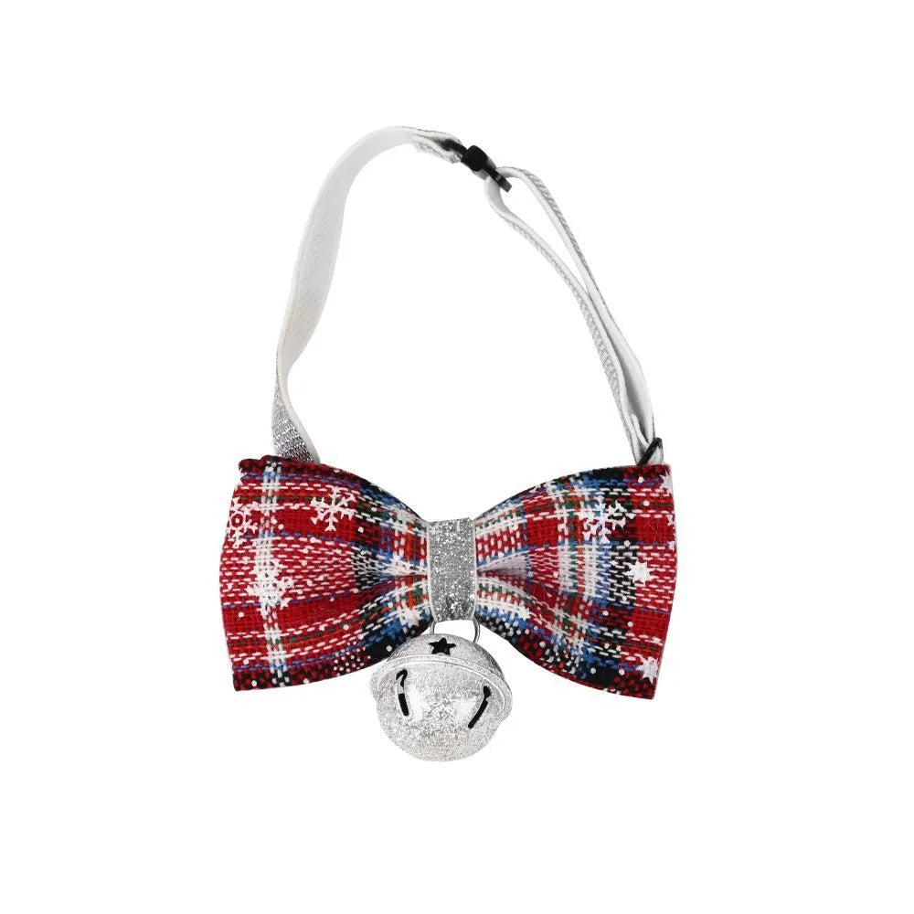 Red plaid triangle pet towel with tie-on bandana on a small dog, 60x45cm size, Christmas decoration