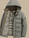Warm fleece thickened down jacket in black with removable cotton-padded cap, corduroy and linen construction, size 175-195