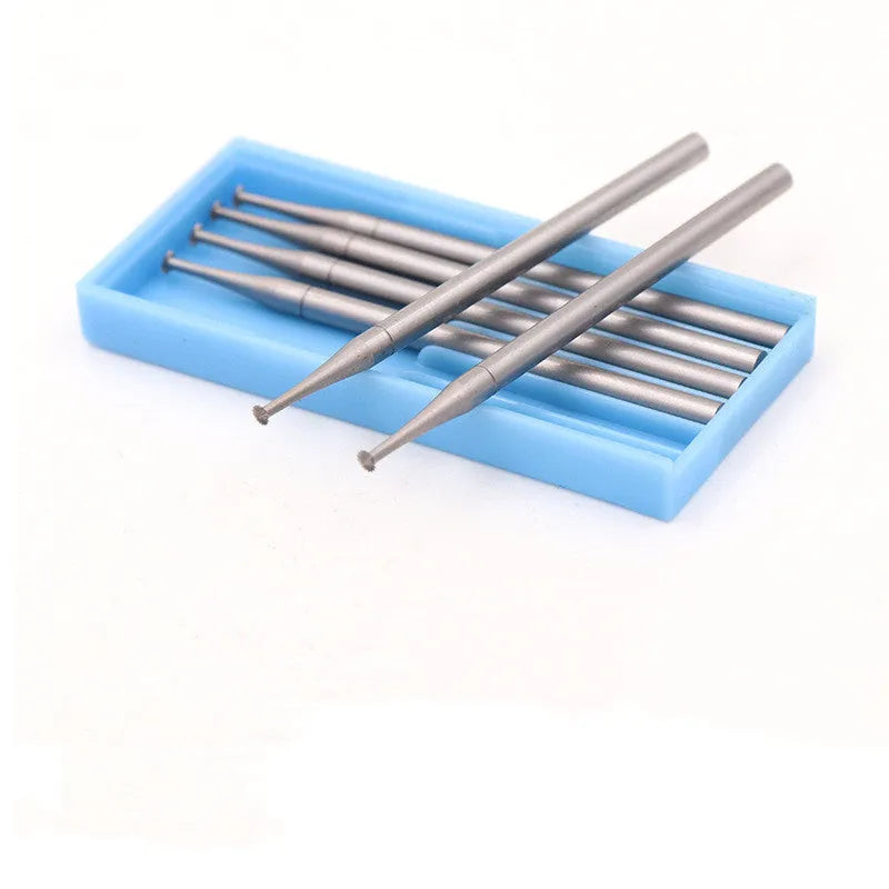 Blue box containing six tungsten steel carving cutters with thin disc needle shape and 2.35mm mandrels