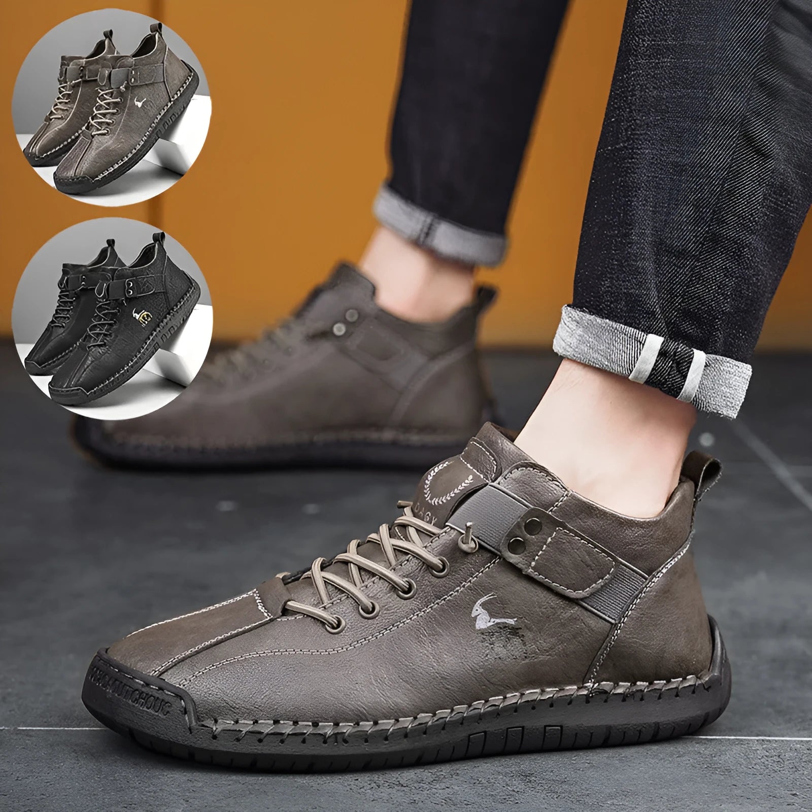 Men's casual sneakers in black with microfiber upper, rubber sole, lace-up front, and car stitching detail
