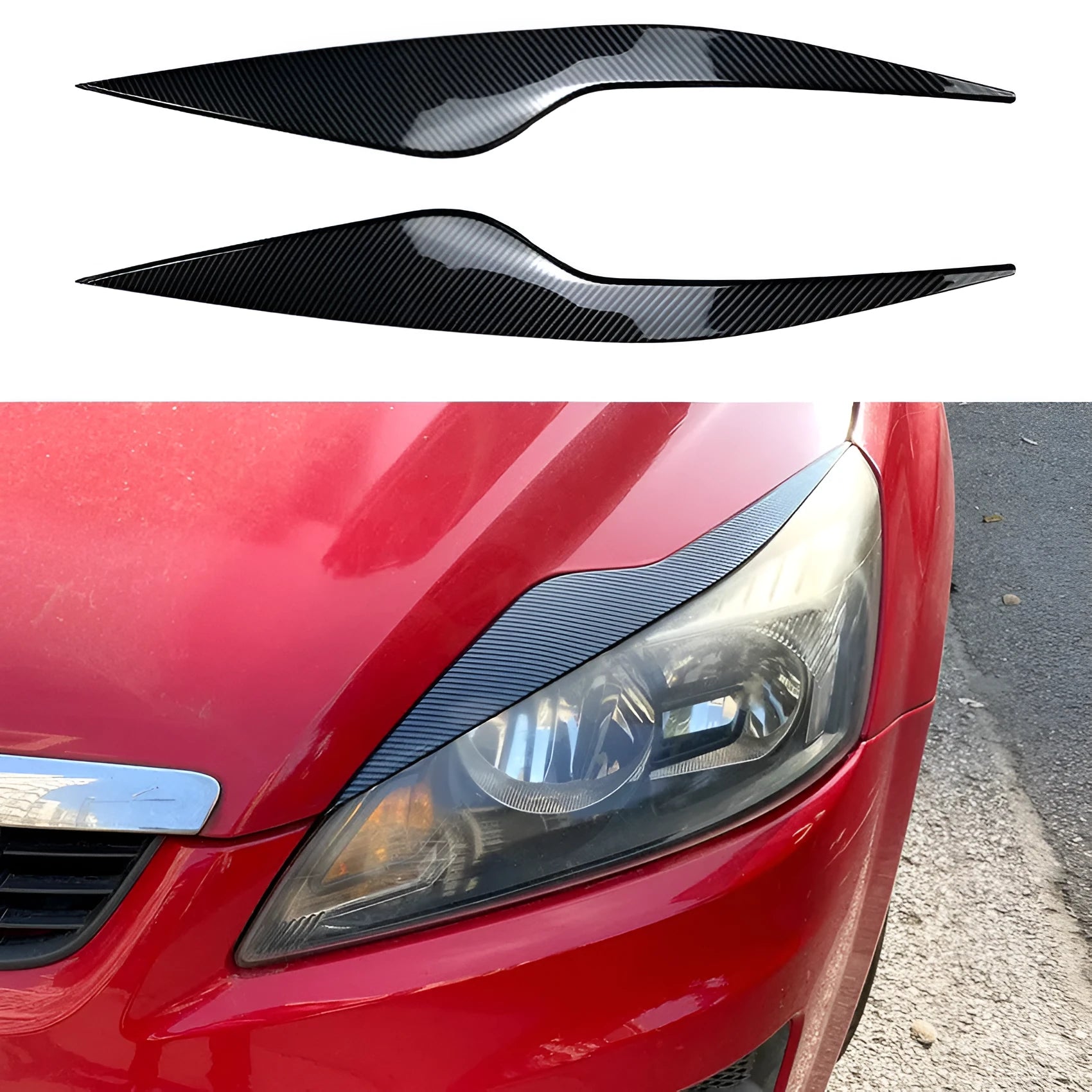 Ford Focus headlight eyebrow stickers in carbon fibre pattern and piano black options