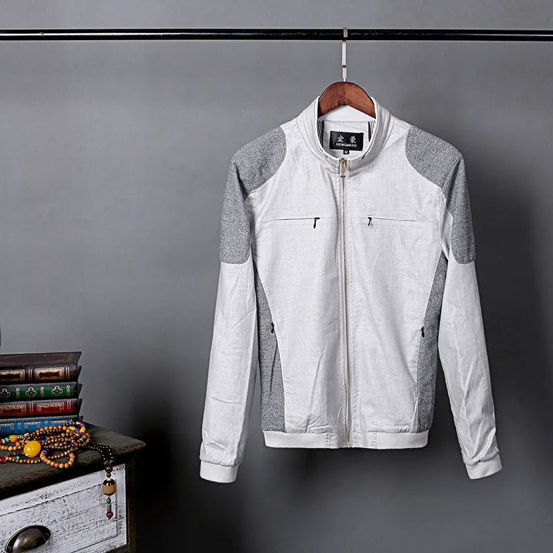 Men's thin blue linen casual jacket with a regular fit on a hanger.