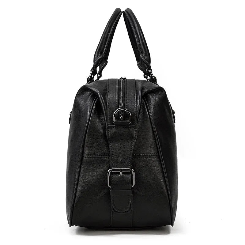 Retro genuine leather men's travel bag in black with large capacity, 50cm x 18cm x 28cm