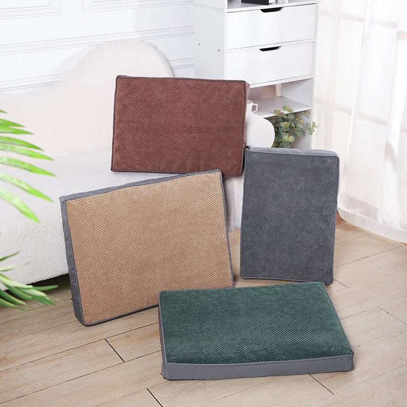 Pet memory foam mat with removable cover in grey, coffee, green, and khaki colours, four sizes