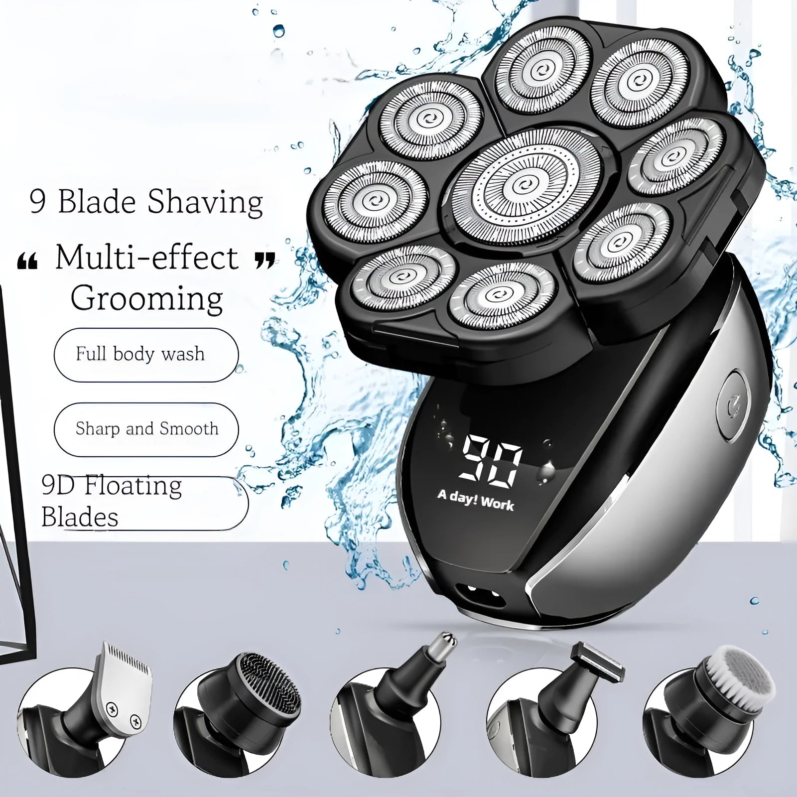 Black rechargeable 6-in-1 multifunctional hair clipper and shaver kit with attachments laid out.