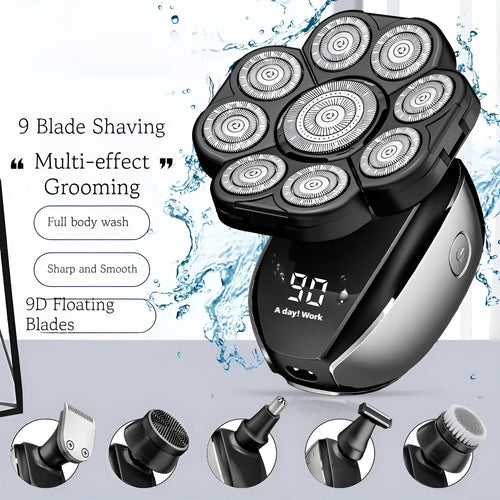 Black rechargeable 6-in-1 multifunctional hair clipper and shaver kit with attachments laid out.