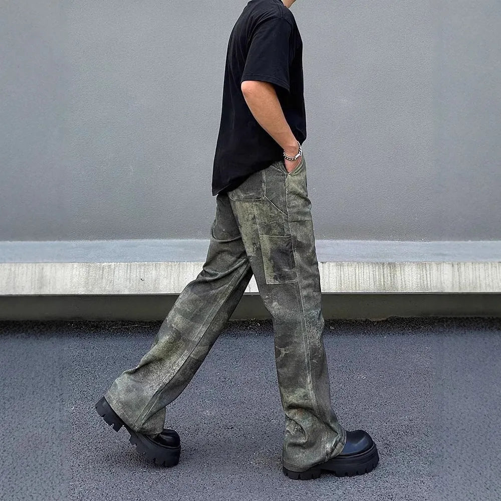 Men's straight-leg jeans with a retro digital camouflage pattern in a picture colour.