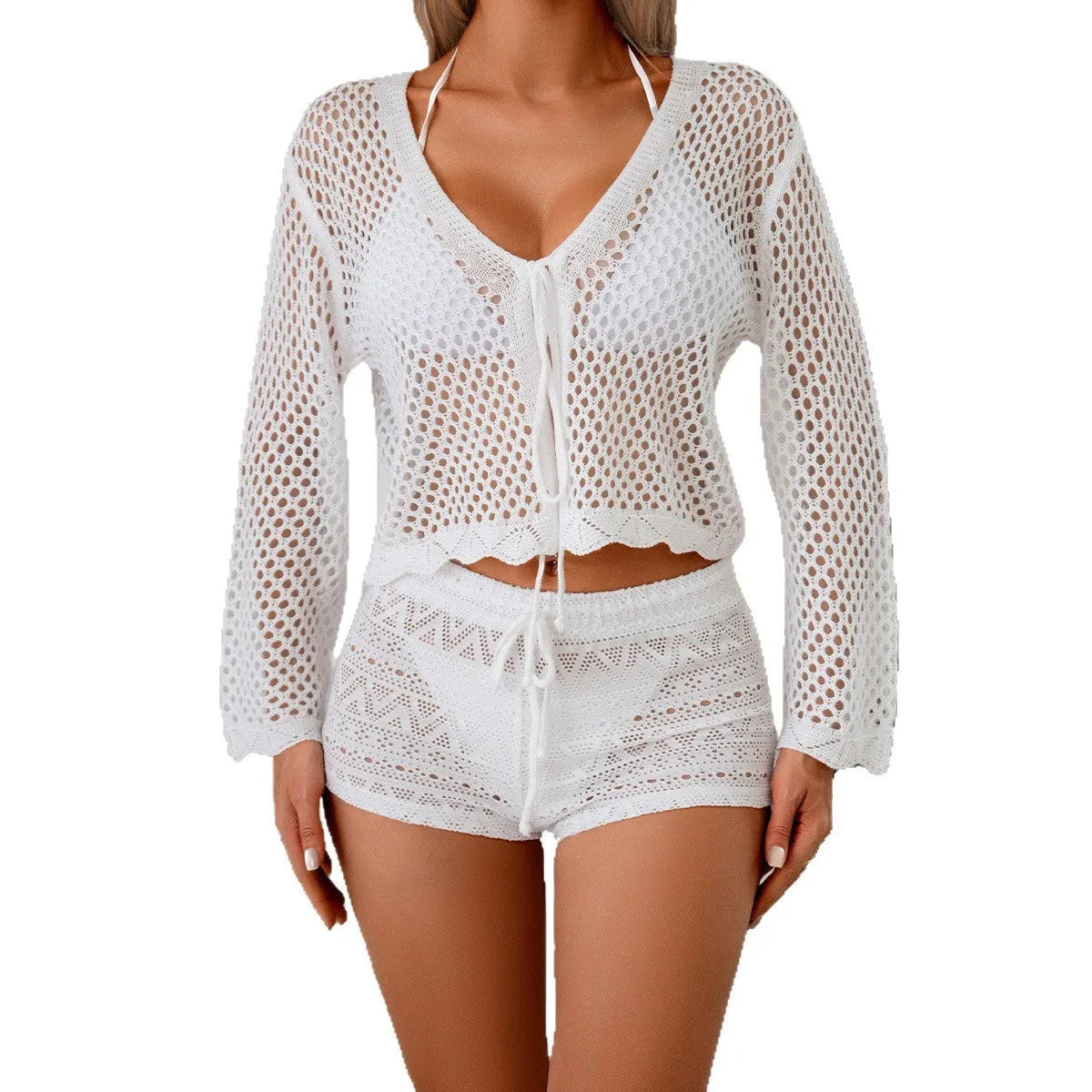 Short length women's cardigan blouse with bell sleeves in apricot colour.