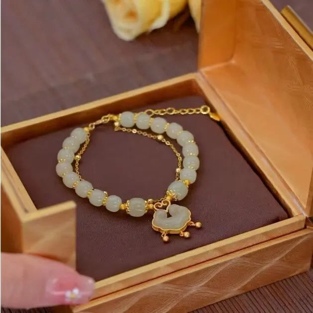 Women's green safety lock bell pendant bracelet with electroplated mixed materials