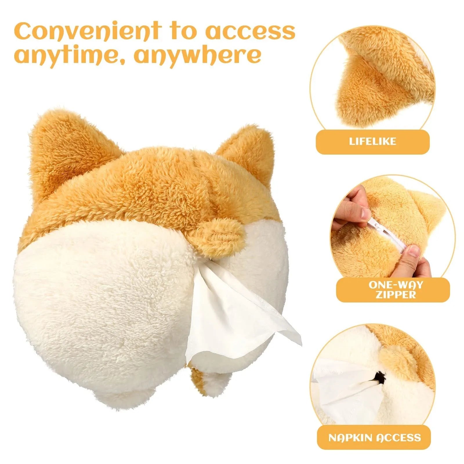 Yellow corgi butt shaped car tissue box cover with elastic strap for sun visor mounting.