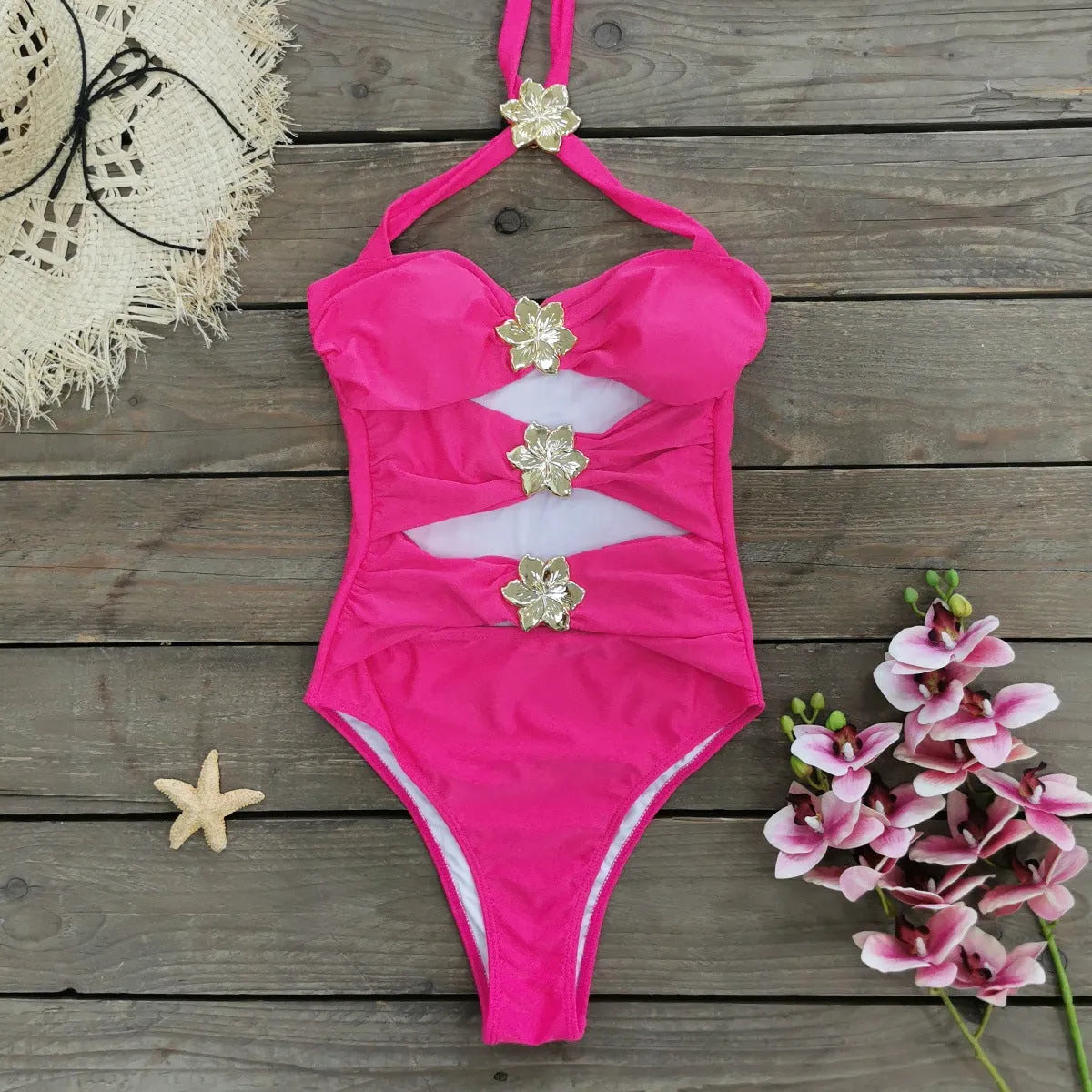 Women's solid colour one-piece swimsuit with hollow-out tube top, high-waist briefs, and a separate short skirt.