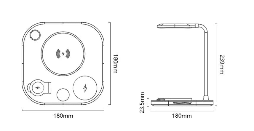 Black three-in-one wireless magnetic charging station with desk lamp and cable on a wooden desk.