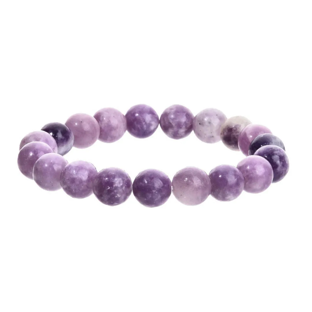 Purple natural stone elastic bead bracelet with geometric beads on wrist