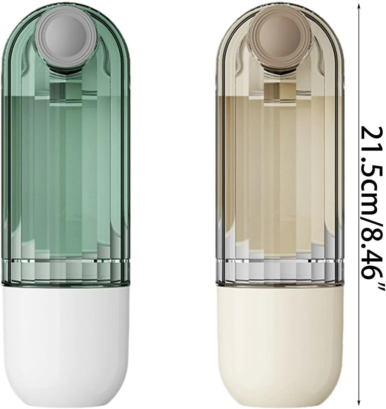 Foldable portable dog water bottle with built-in food dispenser in beige or green.