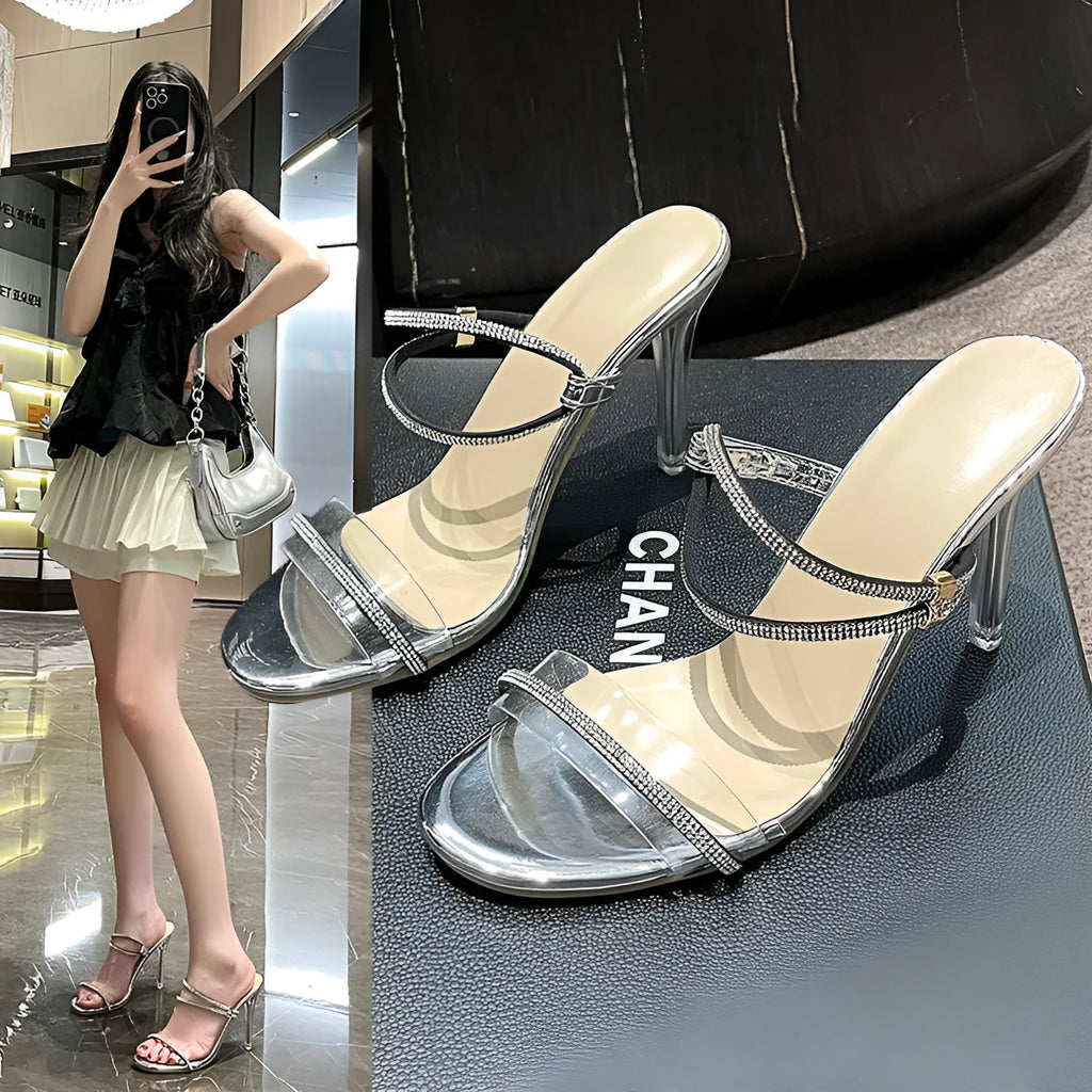Women's black stiletto heel slippers with rhinestone upper, round toe, PU lining, and rubber sole, size 35-43