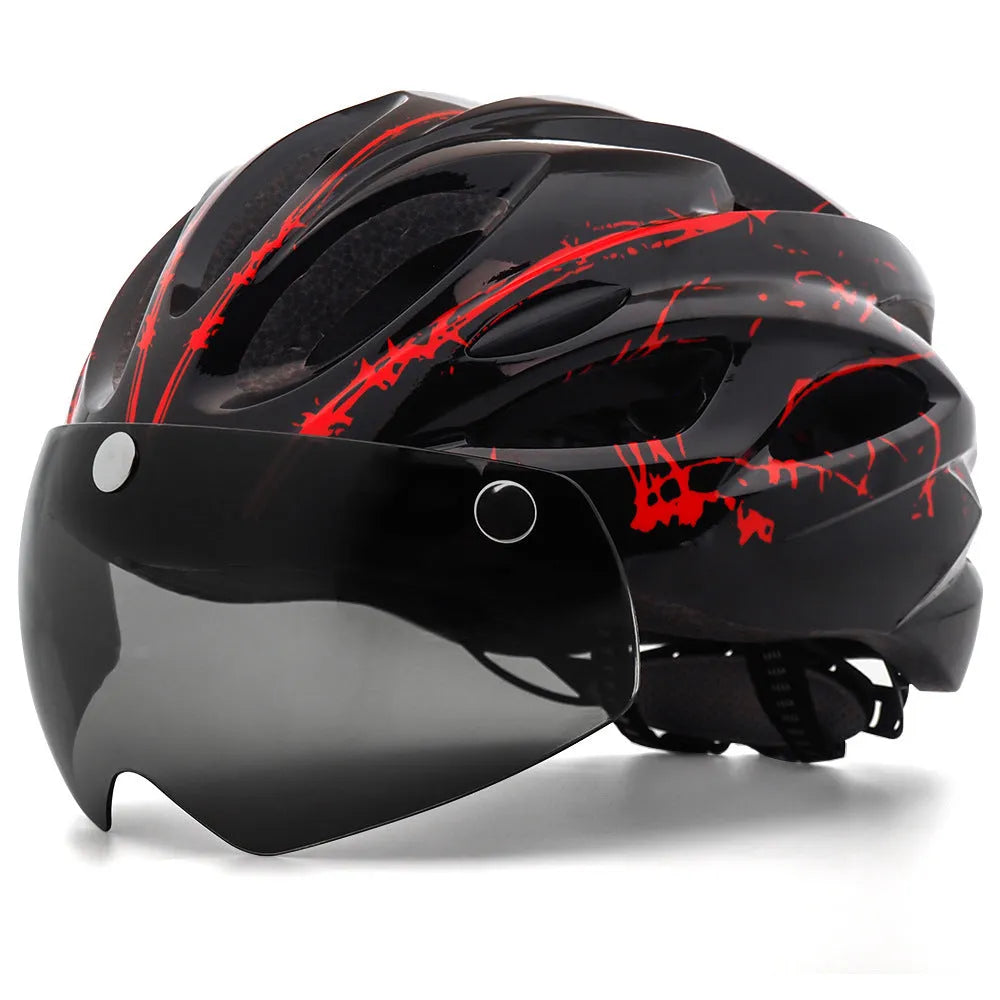 Bicycle riding protective helmet with goggles, EPS PC, size L 57-62cm, striped pattern, 18 colour options