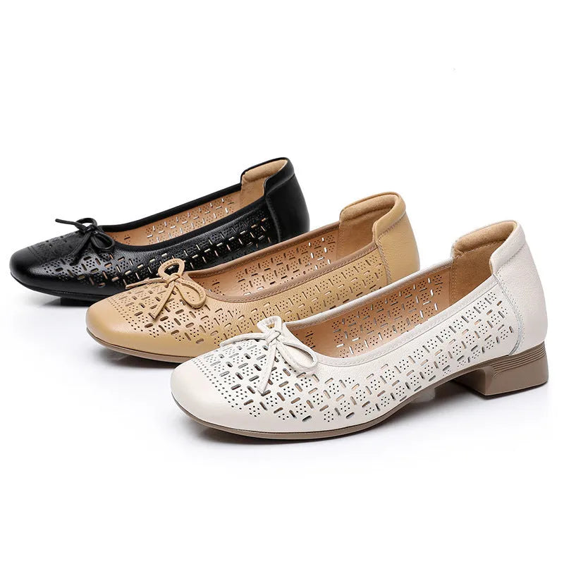 Summer genuine leather breathable low-cut women's shoes in black with rubber sole