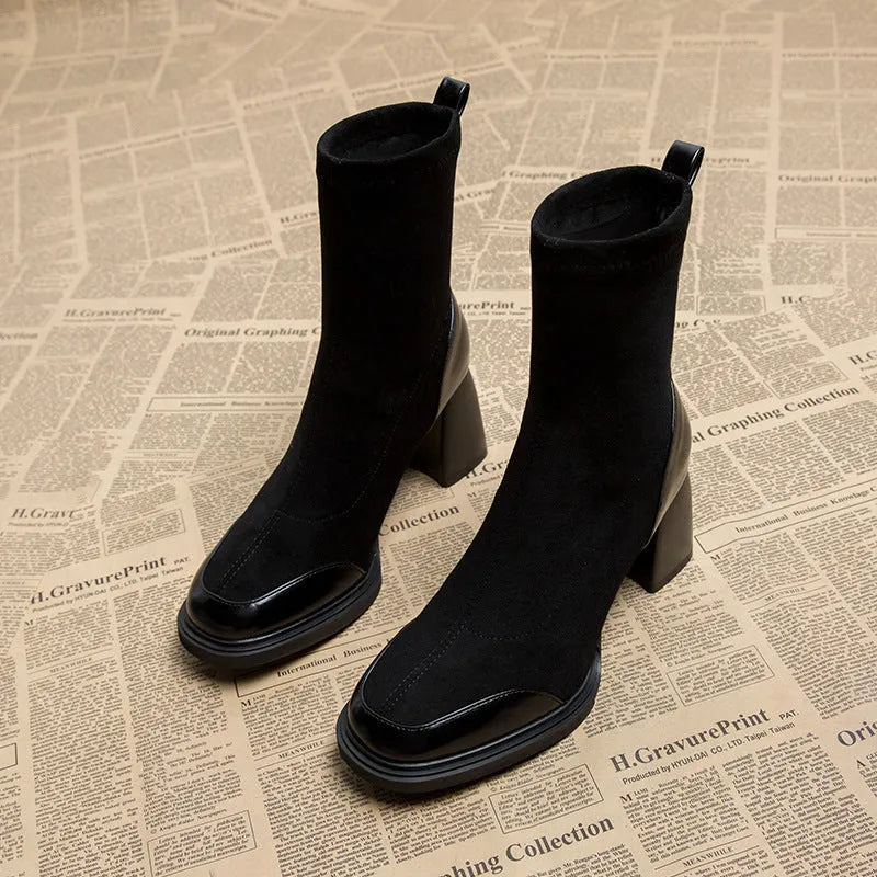 Black cowhide women's short Martin boots with 6-8cm high heel, rubber sole, low tube, single or fleece lining
