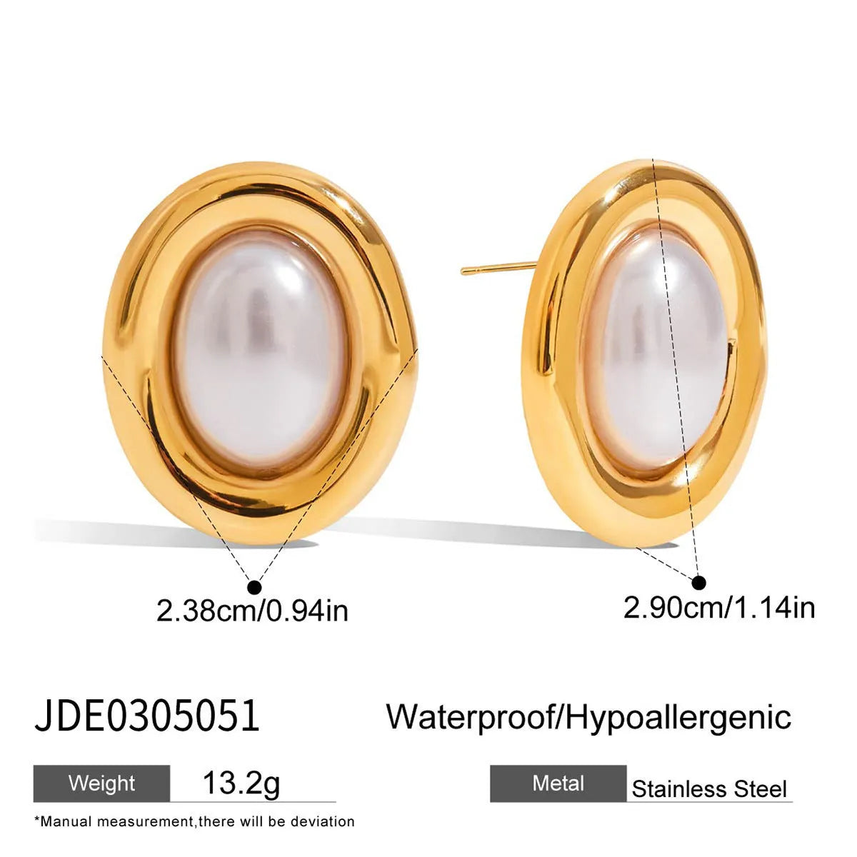 A pair of stainless steel vintage pearl stud earrings for women with a silver-toned finish and a fixed white pearl.