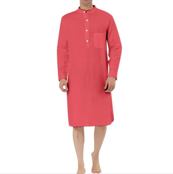 Men's cotton shirt-style robe with pockets shown in various colours including light blue and dark grey