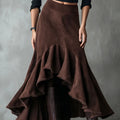 Brown high-low maxi skirt with asymmetric hem and ruffles in eco suede texture