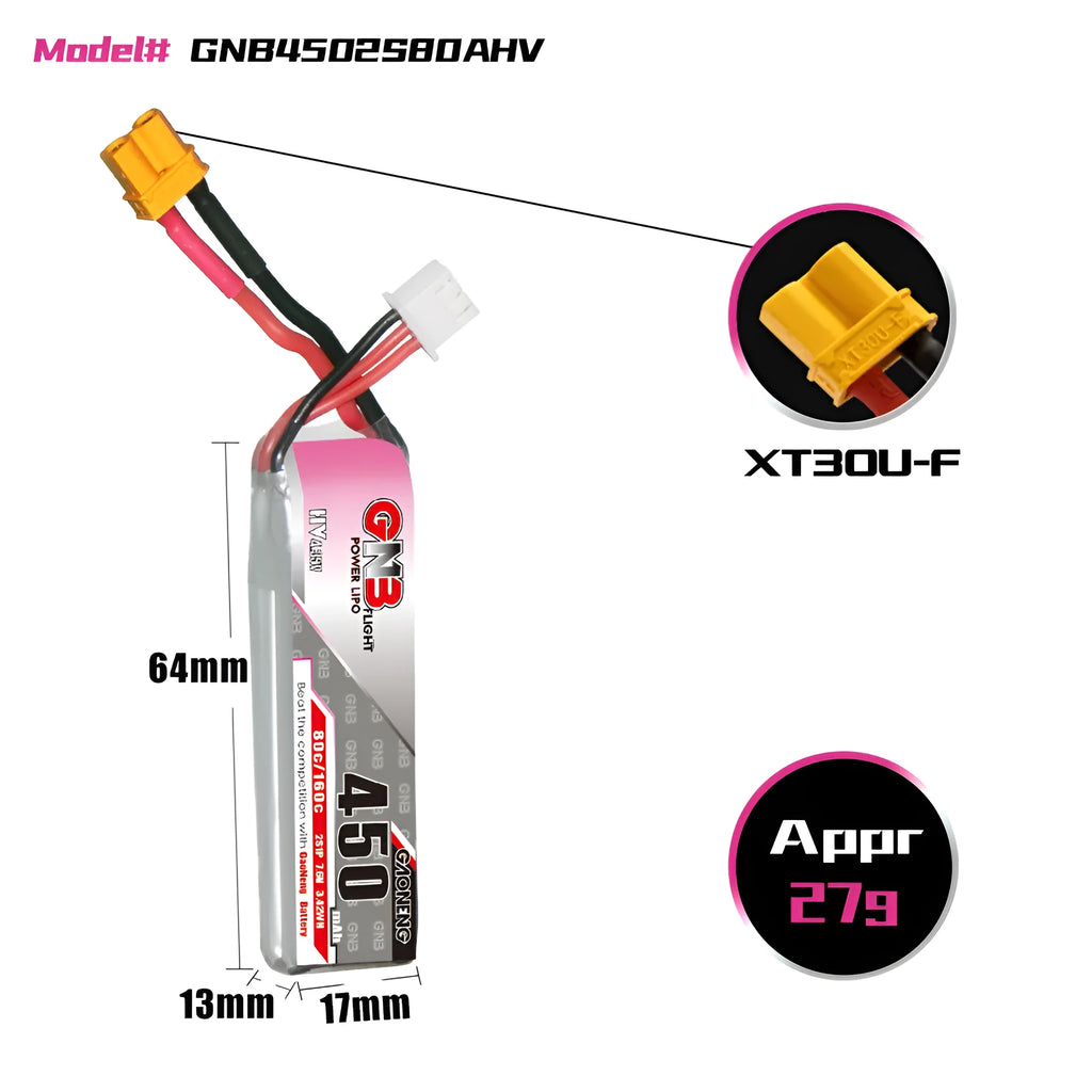 GNB 450mAh 2S 7.6V HV 80C polymer lithium battery with XT30 discharge plug for remote control FPV quadcopter