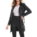 Women's black slim fit biker jacket with belt in polyester leather-look fabric on a model