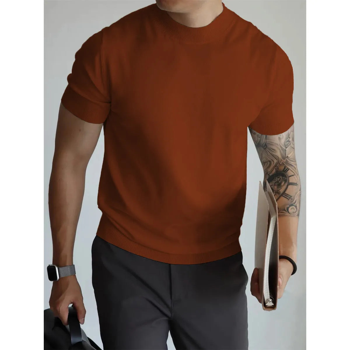 Men's slim-fit solid colour T-shirt on a hanger, shown in a wine red colour.