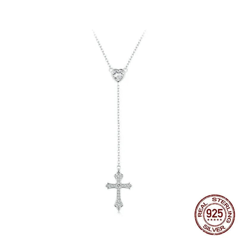Simple silver cross necklace with V-neck and O-ring chain in colour BSN384.