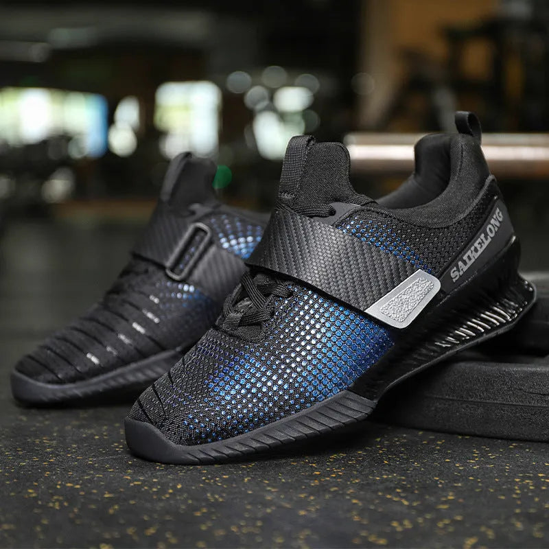 Pair of unisex weightlifting shoes with breathable Oxford cloth upper and non-slip rubber TPU sole, in red or dark blue.