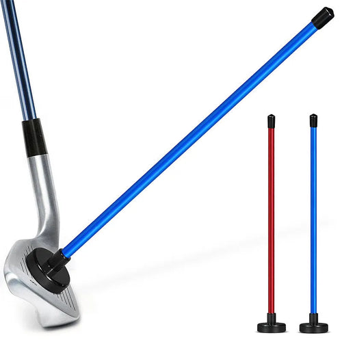 Aluminium alloy golf swing trainer with magnetic direction bar in red or blue.
