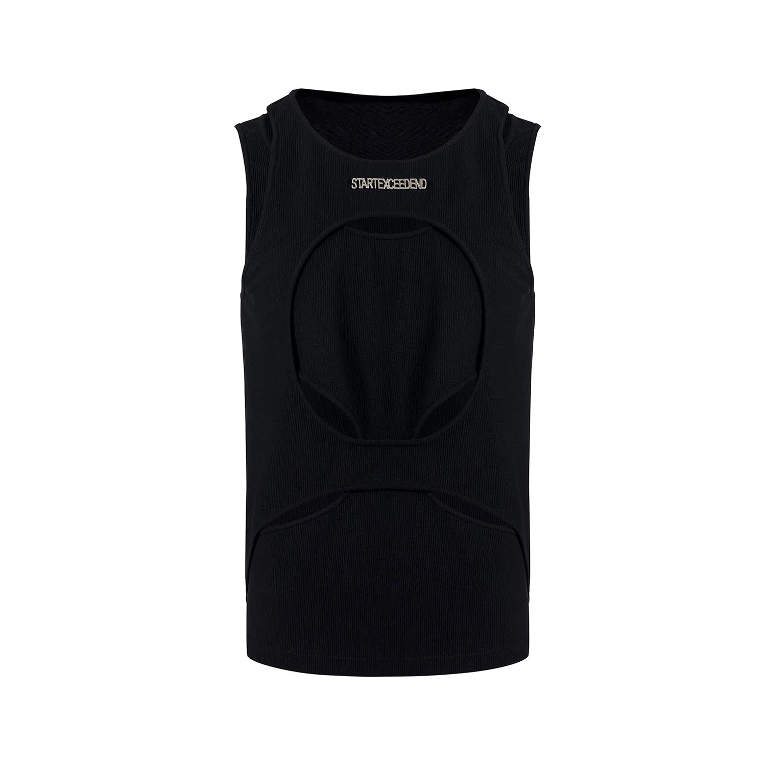 Man wearing a loose-fitting black sleeveless hollow thread waistcoat over a white t-shirt.