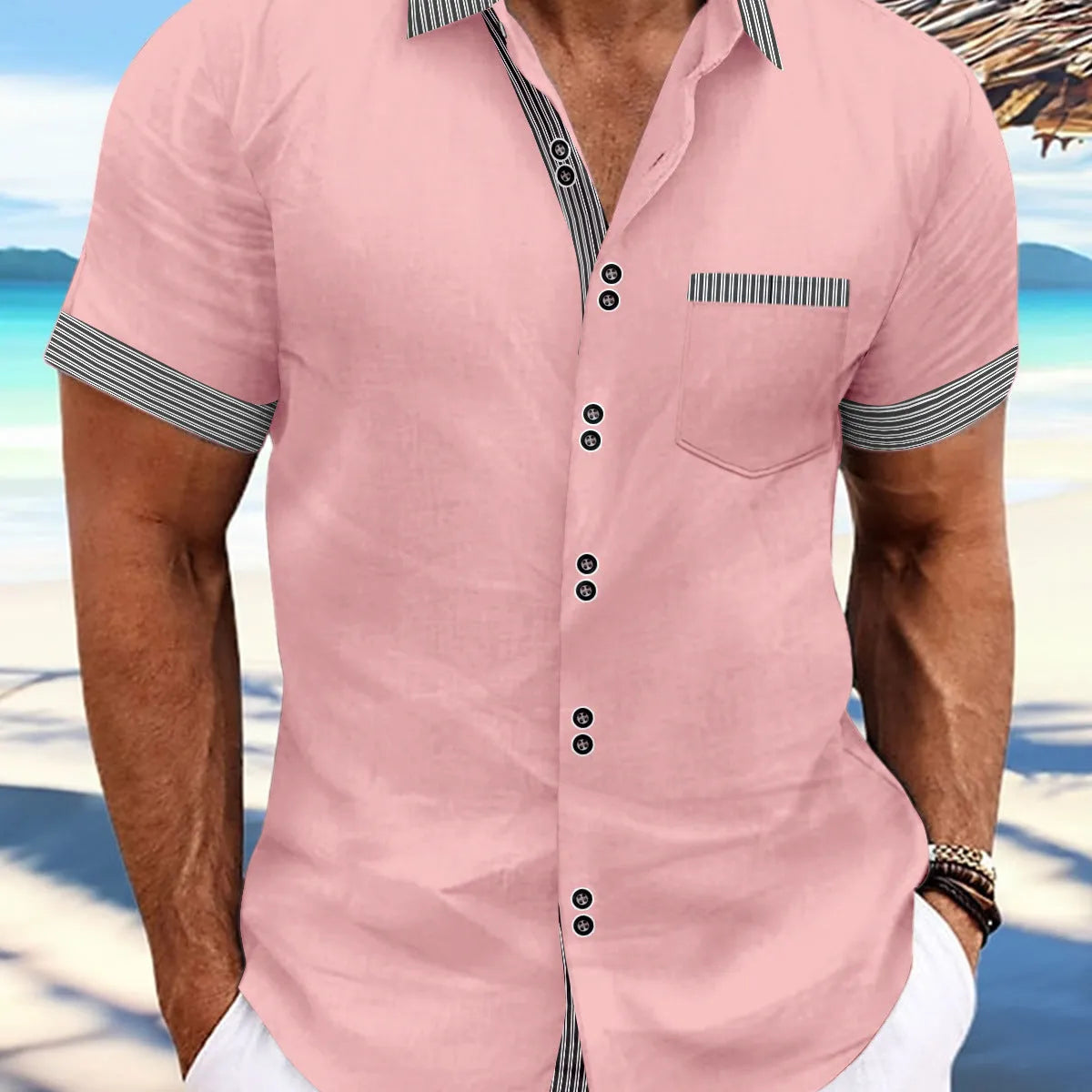Man wearing a slim fit, short sleeve striped casual shirt in pure cotton.