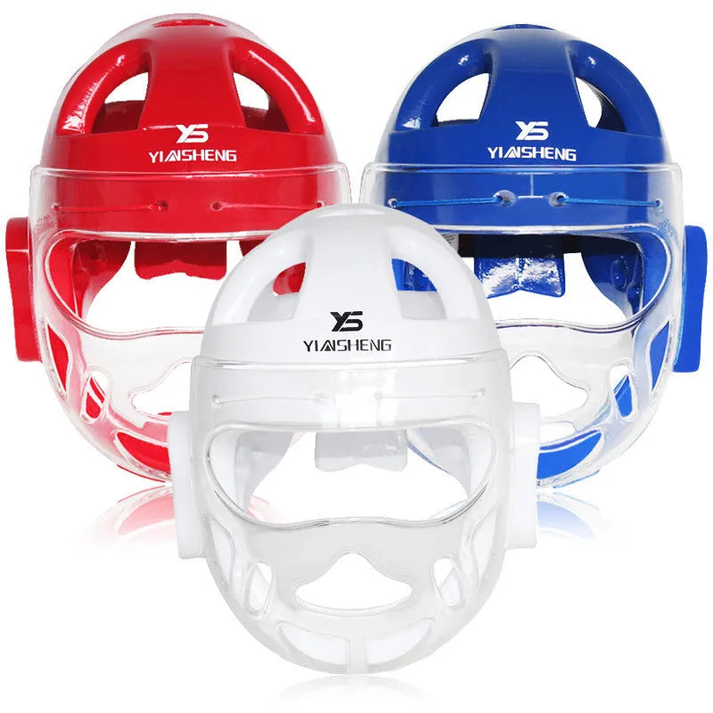 Karate helmet for boxing training in white, blue, or red colours with size options S, M, L, XL