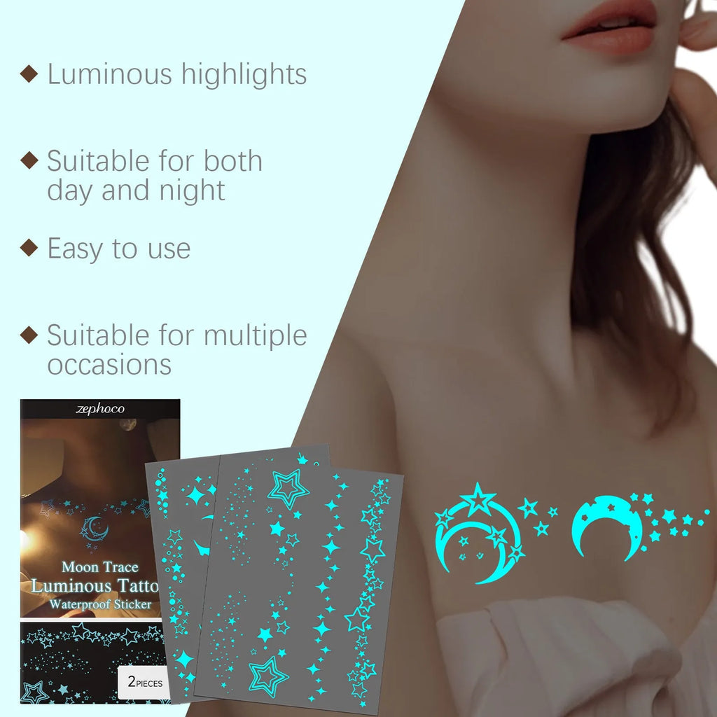 Two luminous glow-in-the-dark temporary tattoo stickers with tattoo paste tube for party body art