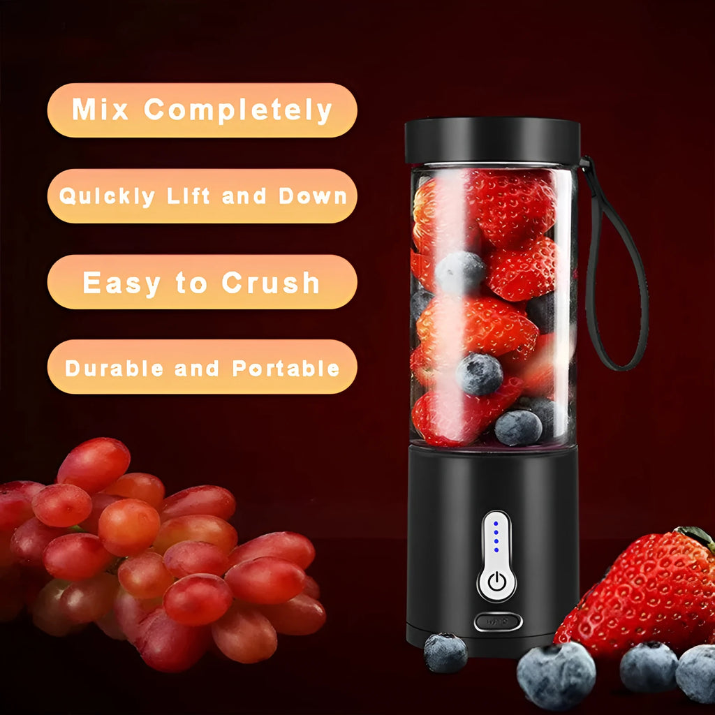 Portable hand-operated rechargeable blender with juice cup in black, white, blue, and rose red colours